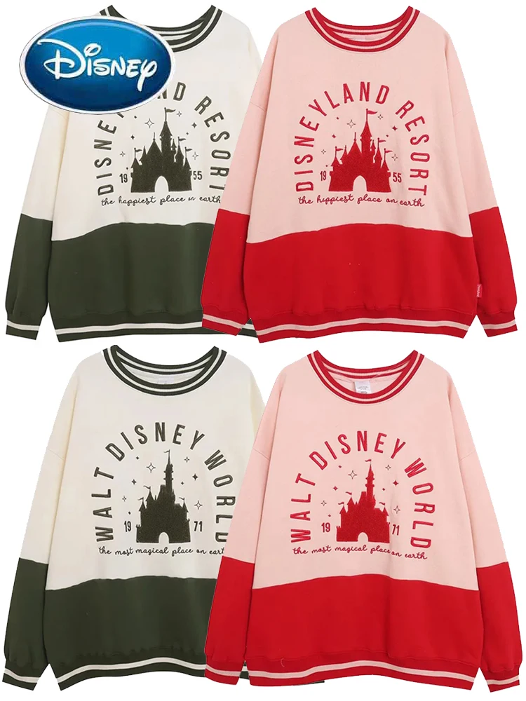 Disneyland Walt Disney World Castle Letter Print Embroidery Sports Sweatshirt Women Contrast Color Long Sleeve Fleece Jumper Top