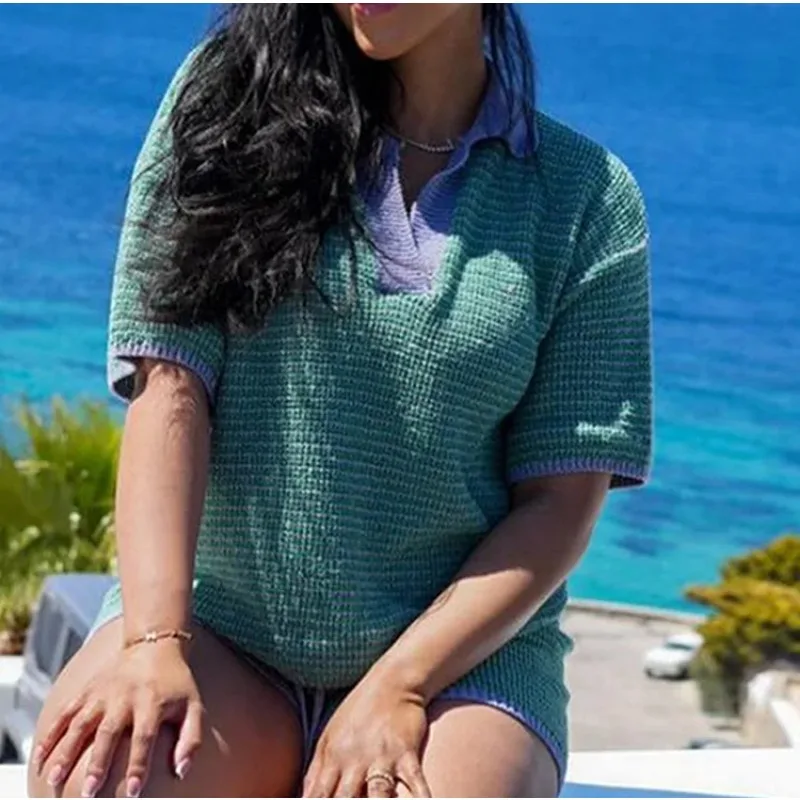 Striped knit lapel T-shirt shorts set women's loose short sleeve pullover, shorts 2024 new women's trendy casual wear