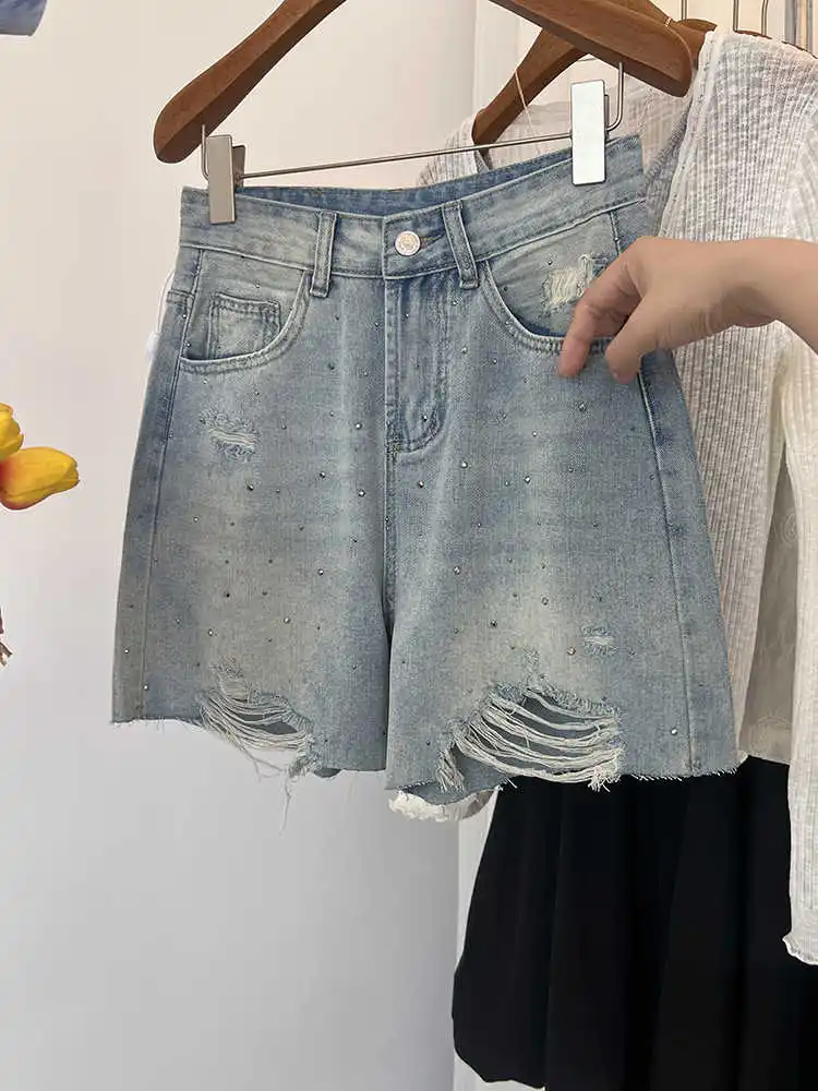 女性ラインストーンデニムショーツ夏ハイウエストジッパー光沢のあるブルーショーツアメリカンカジュアルファッション女性リッピングショートジーンズ