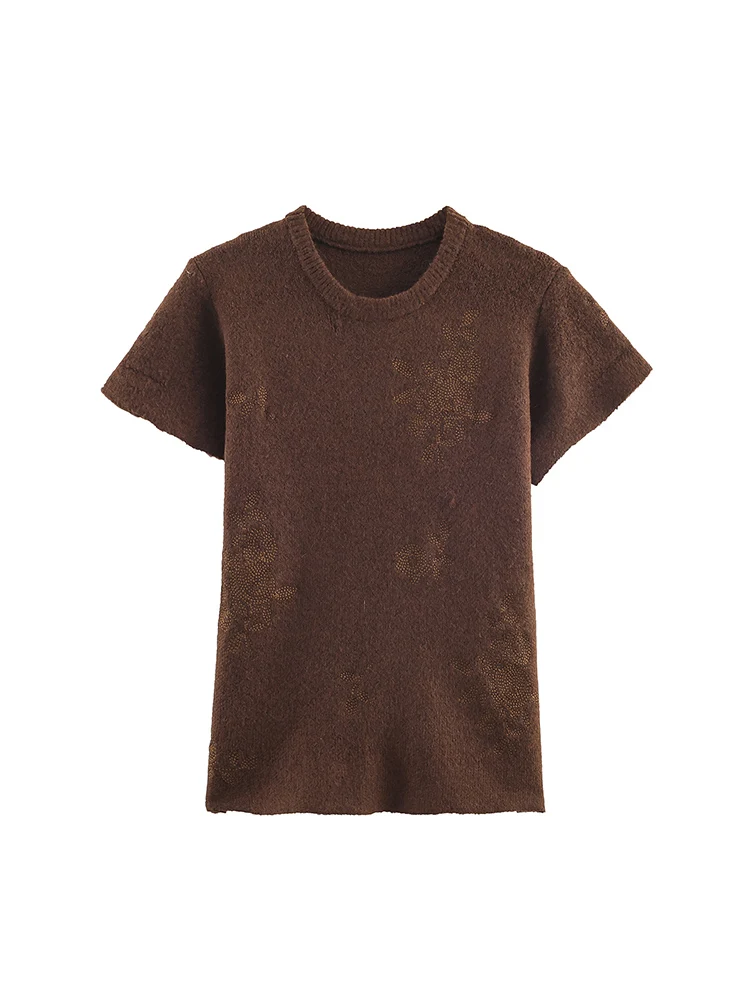 

Новое поступление женской моды в европейском стиле, универсальный и элегантный вязаный топ с круглым вырезом и короткими рукавами с вышивкой.