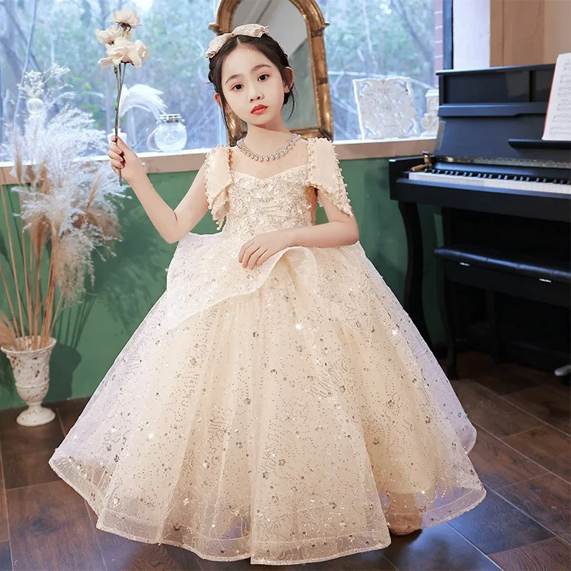 Customized Fashion Baby Flower Girl Dresses Tulle With Pearls Children Prom Birthday Party Show Gowns