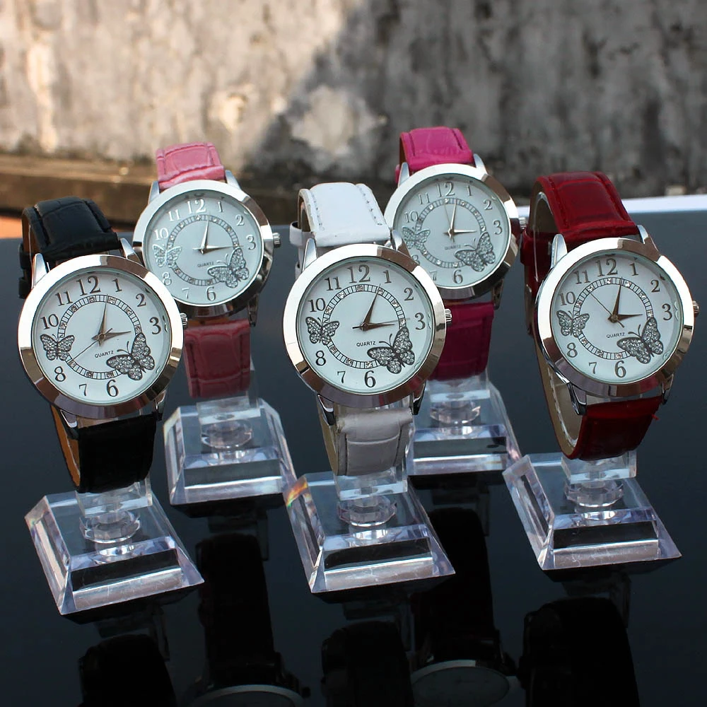

10 шт./лот, разноцветные модные белые хрустальные бриллианты, кожаный браслет-бабочка, часы, белые женские кварцевые наручные часы U16M