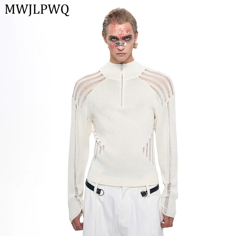 

MWJLPWQ Hollow Out Thin Long Sleeve Sweater For Men Zipper Design Stand Collar Slim Fit Knitted Tops 2025 Autumn Fashion 11303