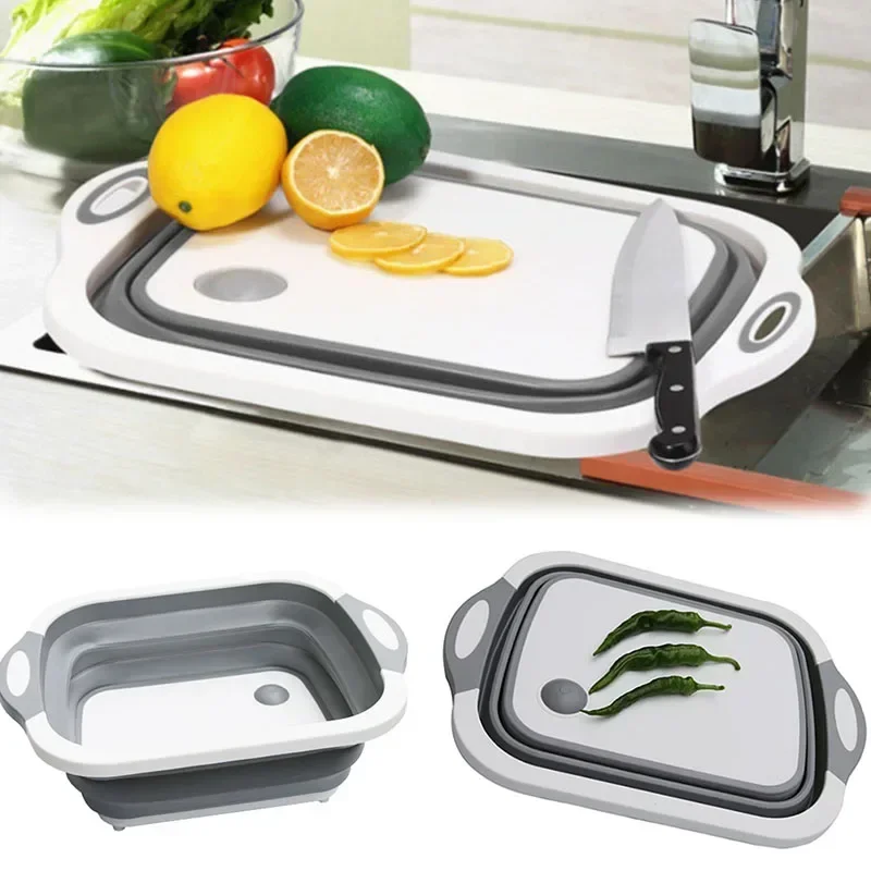 Multifunction Collapsible Kitchen Cutting Board Plastic Silicone Picnic Cutting Boards Dish 3 in 1 Folding Drain Baskets