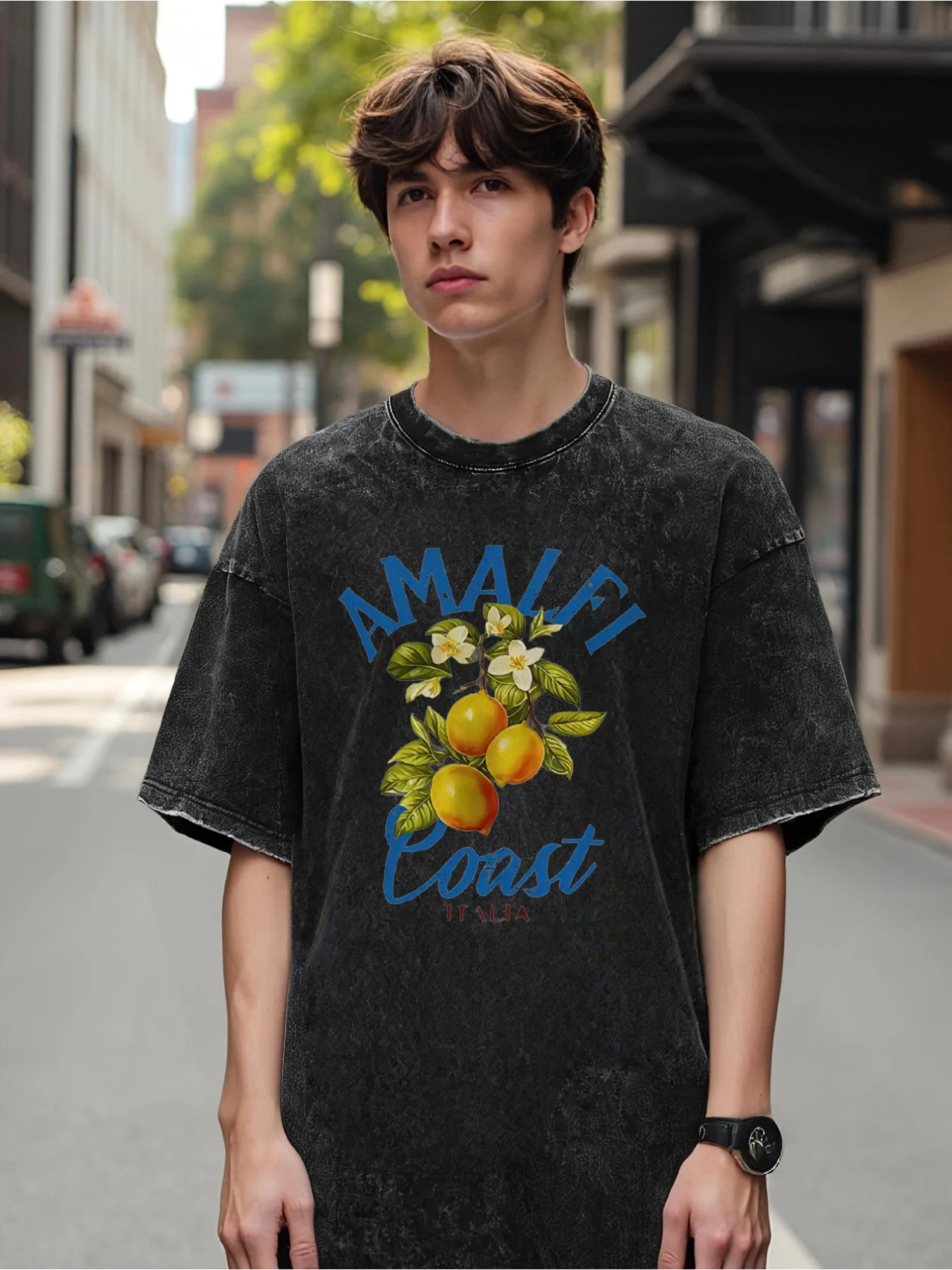 D-Style Black T-Shirt - Italian Amalfi Coast Citrus Floral Lemon Print, Vintage Washed Loose-Fit Casual Shirt, Featuring Italian Coastal Design Patterns, Suitable for All Seasons, with 