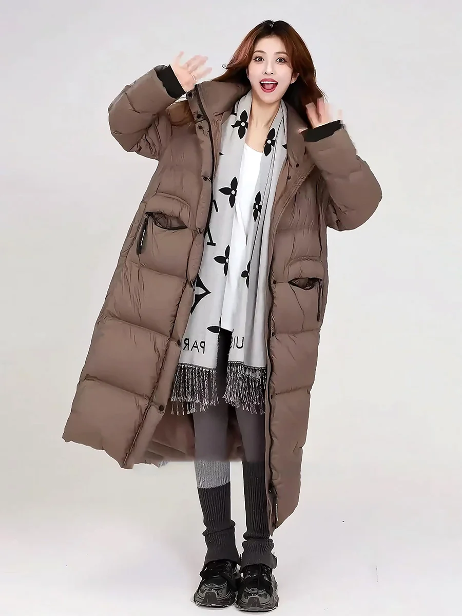 

Faionable Winter New Arrival 2025 Women's Mid-Length Hooded down Jaet Coffee Color Luxury Feel Thi White Du Feather