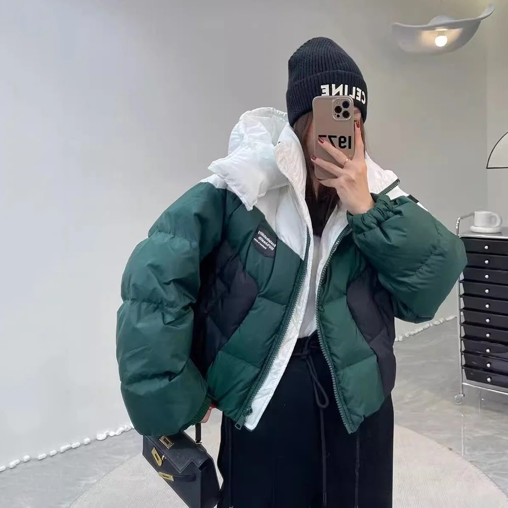 Winter korte capuchon dames streetwear patchwork cropped donsjack Koreaans katoen gewatteerd dons dikker thermische parka dame