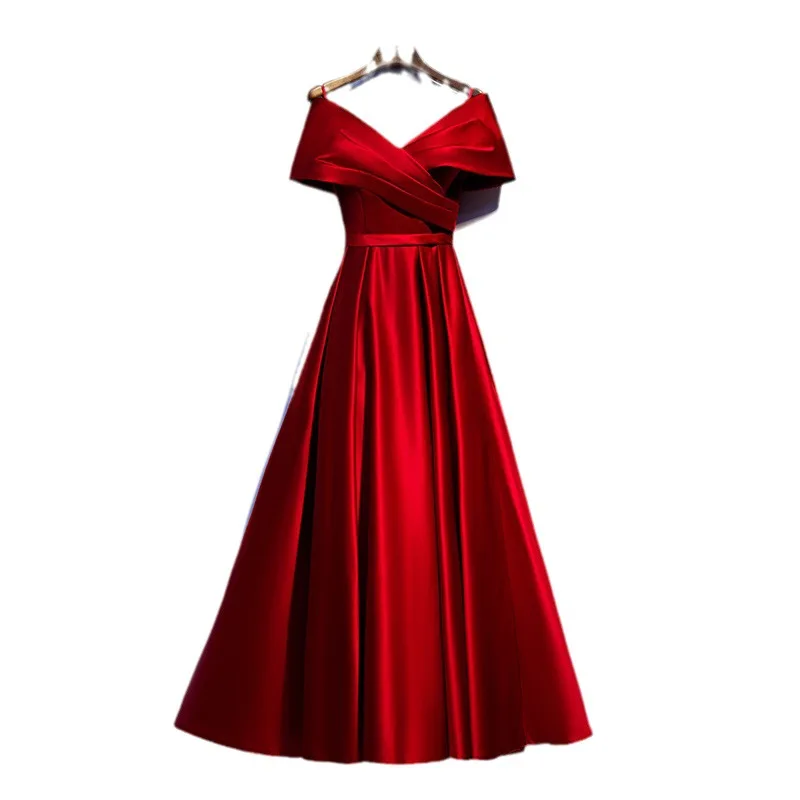 Vestido de noche de compromiso sin hombros para mujer, Vestido largo de satén con cordones y cuello en V, elegante y Formal, color rojo vino