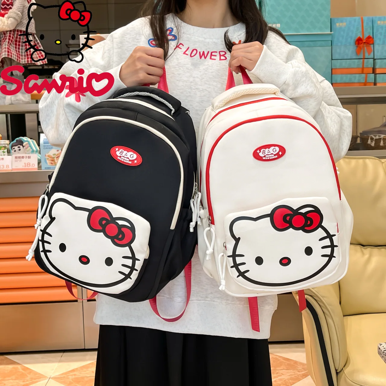  Hello Kitty Backpack Cartoon Cute Student Lightweight School Bag Large Capacity Fashionable Black White