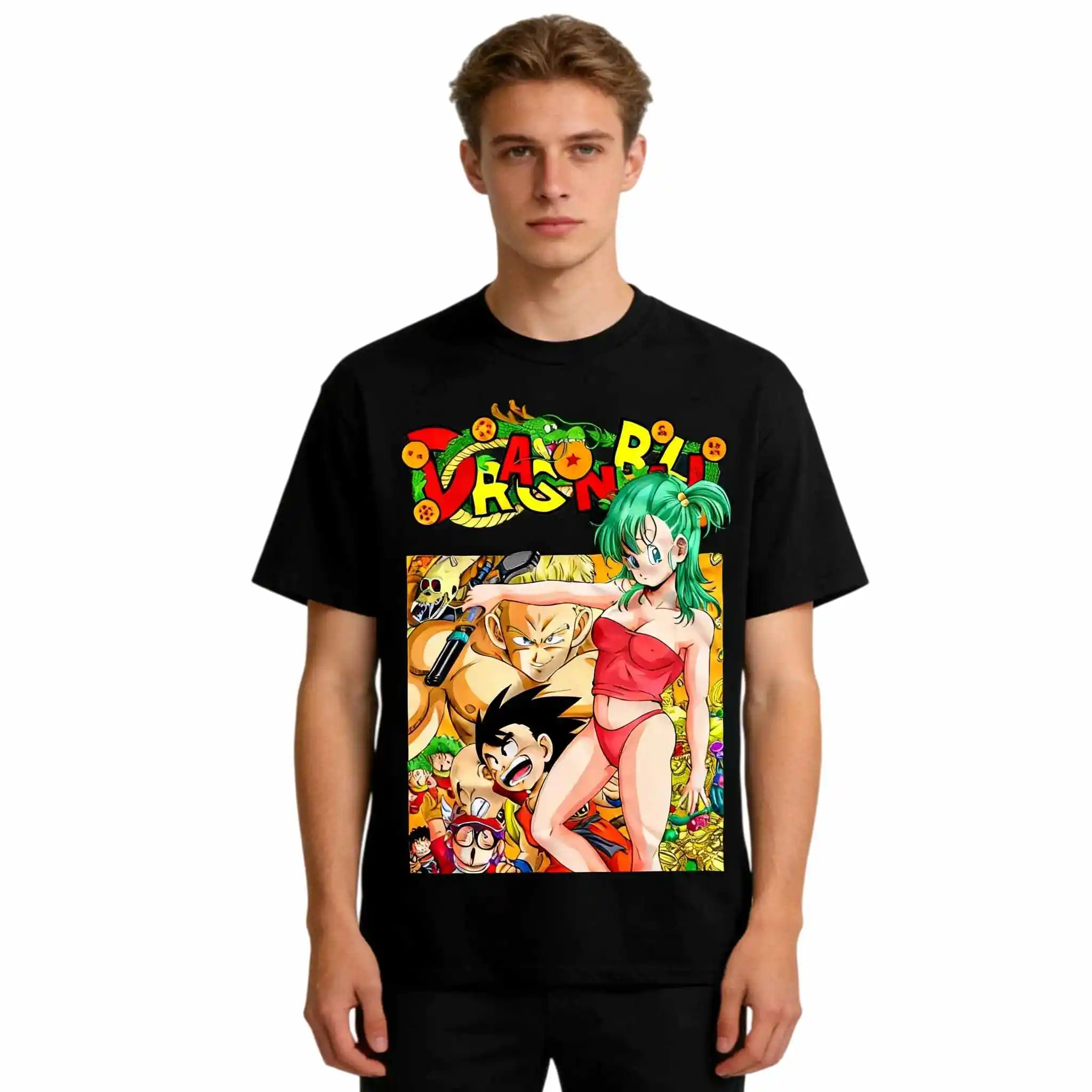 2026 Summer Dragon Ball Vintage Anime T-Shirt, Men's Pure Cotton Loose Casual Goku & Bulma Tee for Daily & Sports Wear Y2K Style
