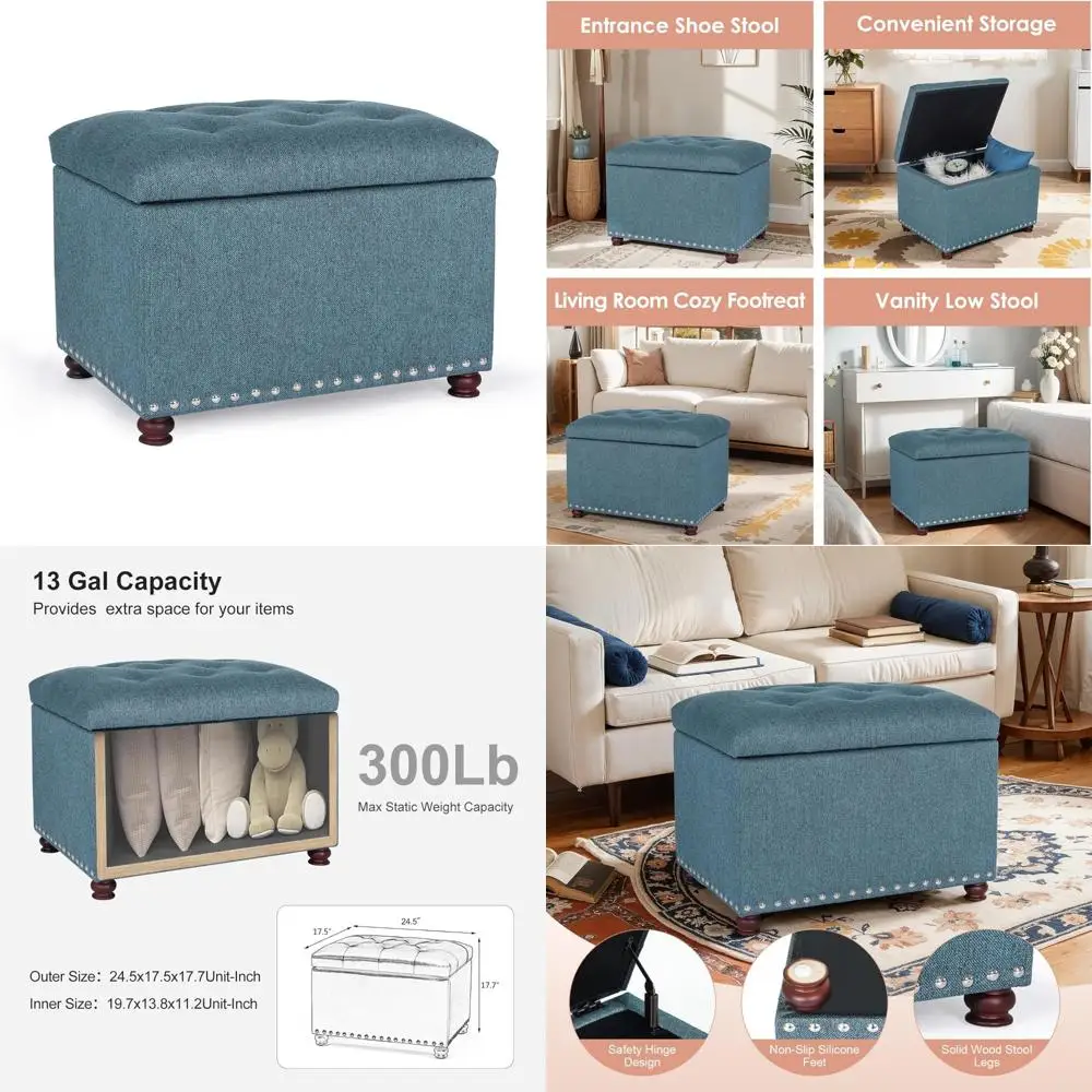 24 Inch Ottoman with Storage, Upholstered Linen Fabric Cube Stool, Small Hinged Footrest for Living Room