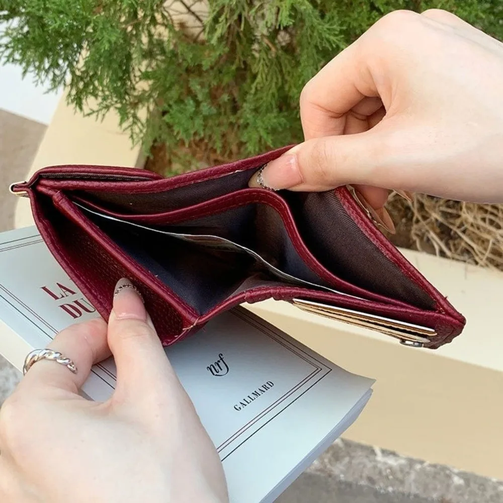 Leather Material Short Wallet Large Capacity Solid Color Bifold Wallet Magnetic Closure Multiple Card Slots Coin Purse Women