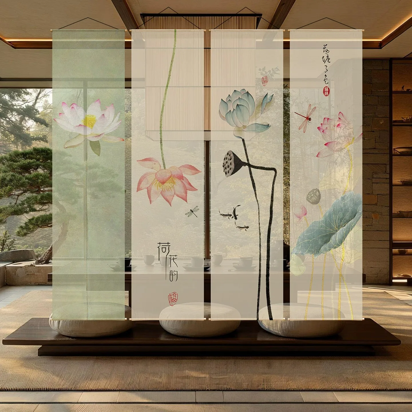 Zen Room Divider Screen – Chinese Ink Lotus & Calligraphy Curtain, Sheer Soft Wall for Tea Room, Tatami & Meditation Decor