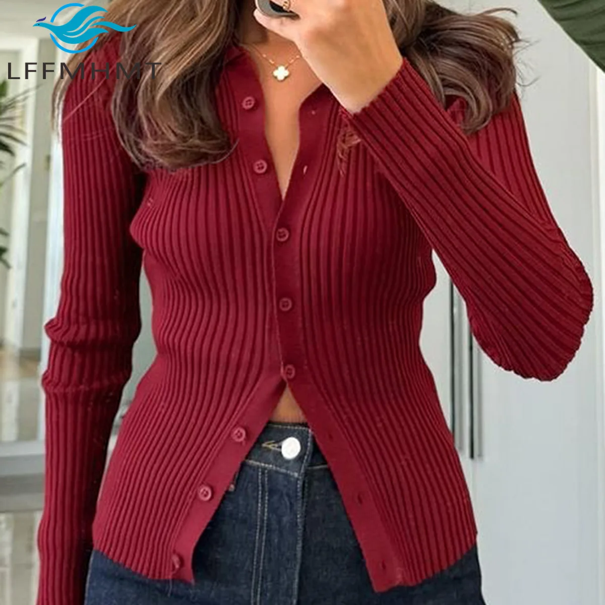 

American Style Fashion Women's Sweater Spring Autumn Good Quality Casual Simple Solid Color Long Sleeve Knitted Buttoned Blouses