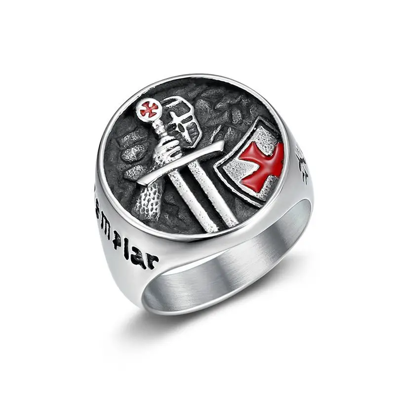 Hip Hop Fashion Men\'s Soldier Cross Round Ring Templar Letter Carving Ring Punk Seal Jewelry for Men Party Gifts Jewelry