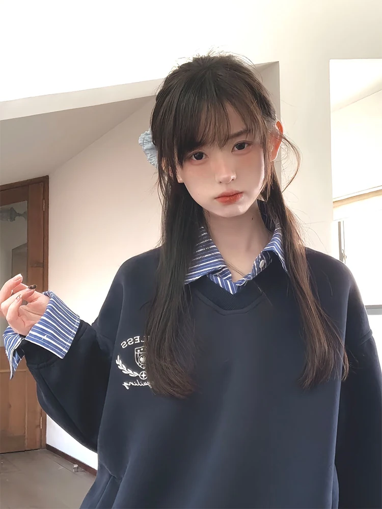 Felpa coreana con colletto lungo Sve da donna Faion College Wind Vintage Top stampato casual vestibilità ampia autunno alla moda