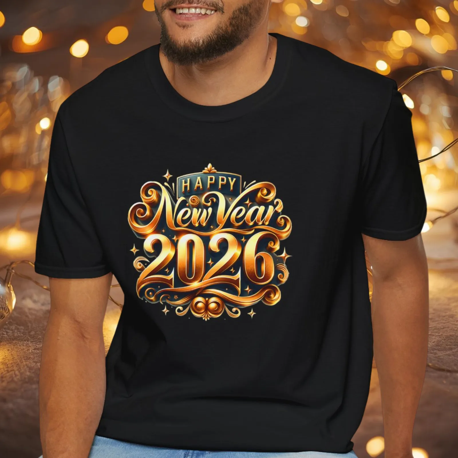 Happy New Year 2026 T-Shirt Gold Ornate NYE Tee Elegant Luxury Vintage Party Top