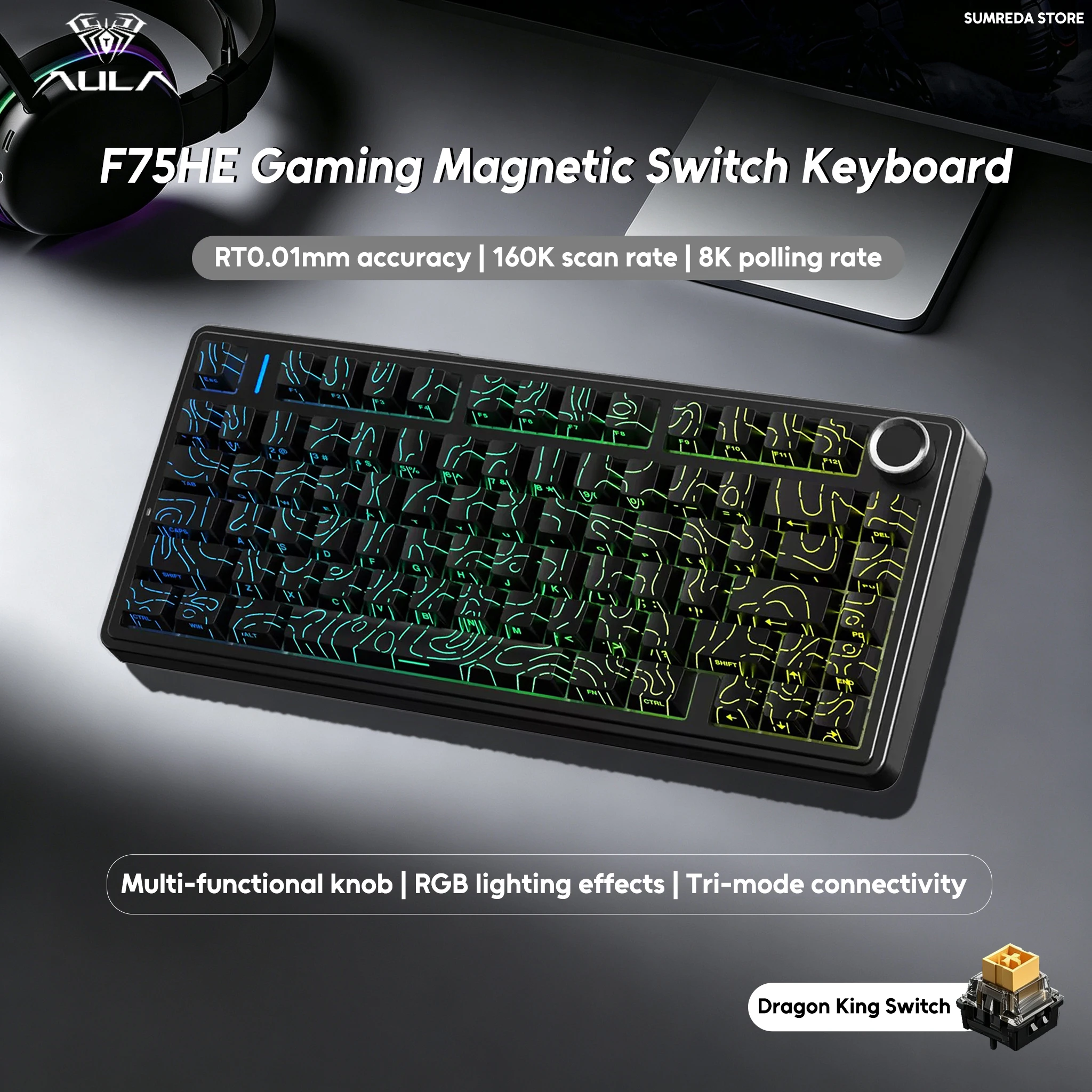 Teclado Mecânico Magnético Sem Fio AULA F75 HE F75HE para Jogos, Layout 75%, RT0.01mm, 8K RGB, BT 2.4G, Teclado de Jogo Personalizado com Fio