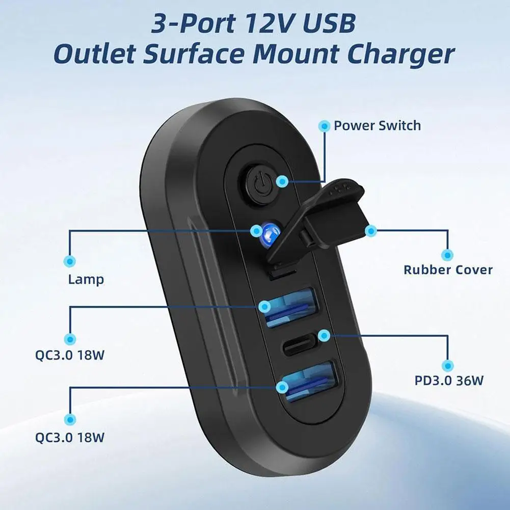 3-Ports USB Car Charger Socket Dual 18W QC3.0 & 36W PD3.0 USB Charger Panel with Waterproof Cover for 12V/24V Car Truck Boat Bus