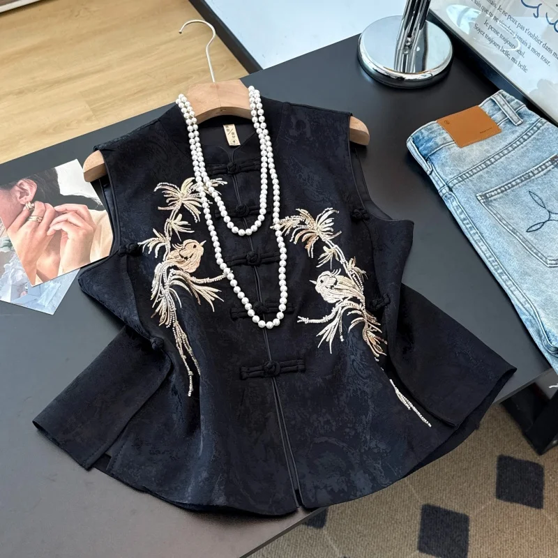 New Chinese Style National Trend Stand Collar Embroidered Shiny Sequin Heavy Embroidery Tang Suit Hanfu Improved Shoulder Pad...
