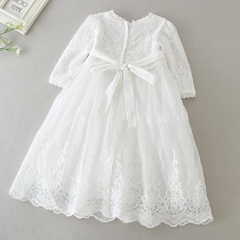 Vestido de bautizo de encaje alargado para niñas pequeñas, vestido de novia, blanco, 0 a 2 años