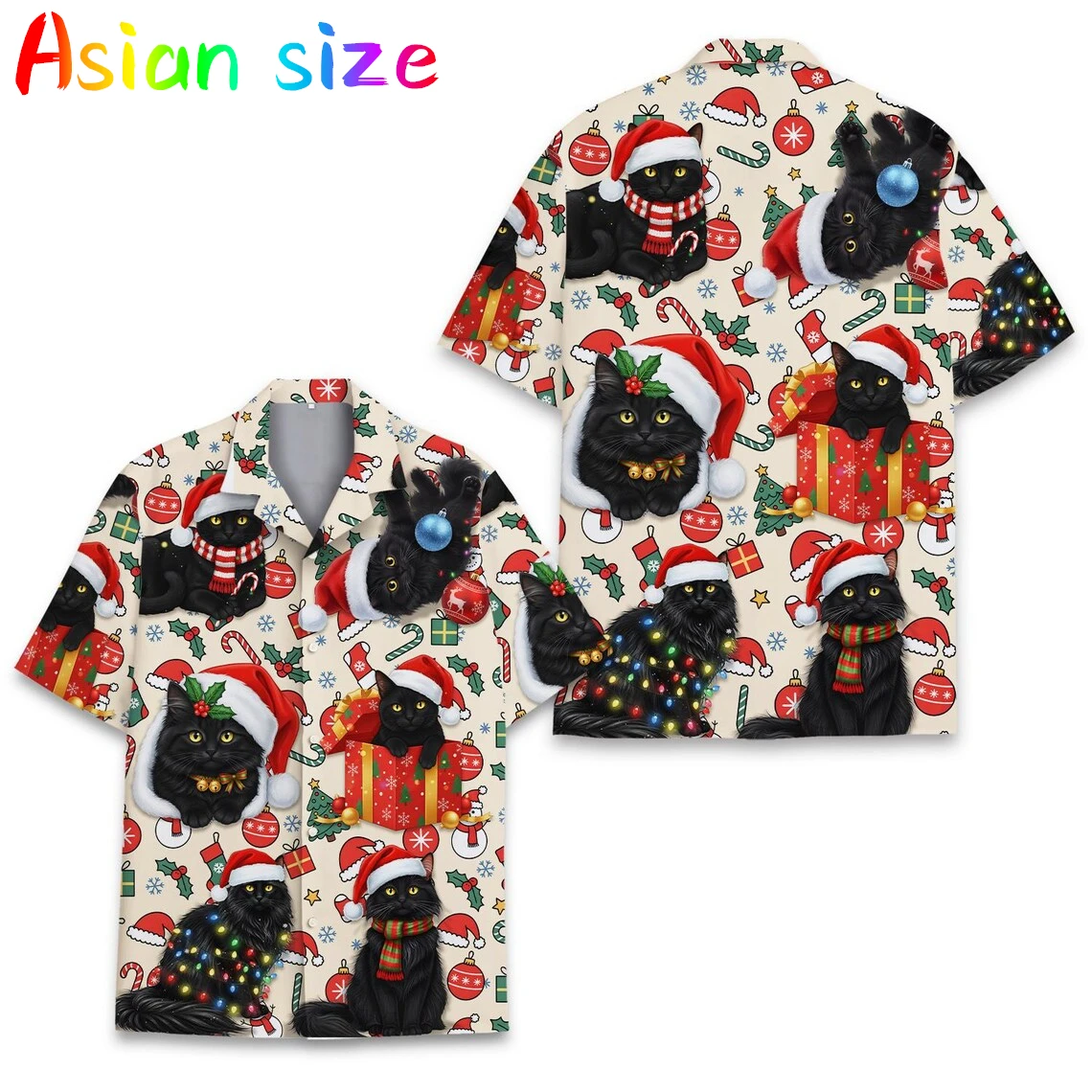 여름 3D 고양이 크리스마스 모자 프린트 셔츠 남성용 어린이 패션 스트리트웨어 반팔 티셔츠 하와이안 셔츠 크리스마스 블라우스