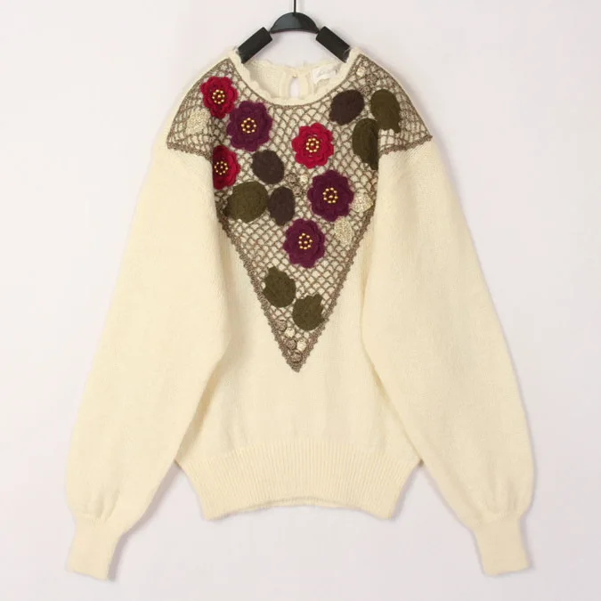 

Sweet Vintage Hooked Flower Woolen Sweater Overhead Coat Japanese Harajuku Style Warmth Commute Loose Long Sleeve round Neck