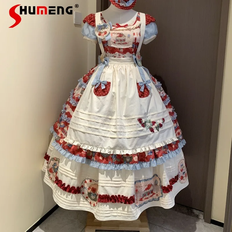 

Japanses Lolita Rose Whisper Strawberry Print OP Y2k High-waisted Dress JSK Original Design Princess Dresses Women's Clothing