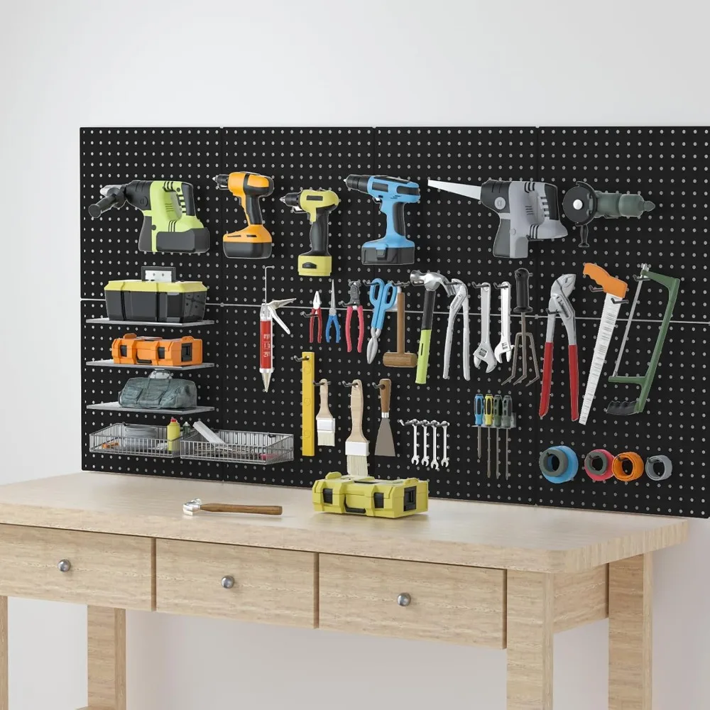 

4 PCS 16”×16”Large Heavy Duty Metal Pegboard Panels with Frame Black Peg Board Display Peg Boards for Walls,Display,Tool Storage