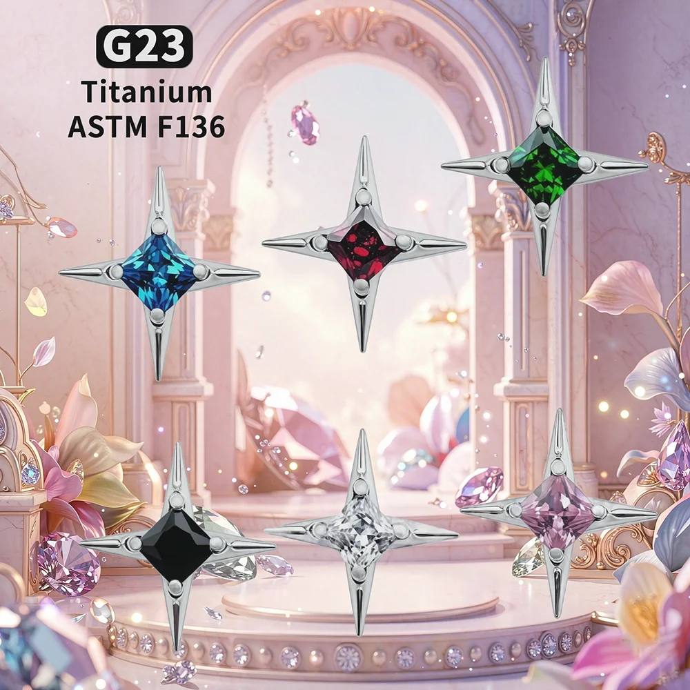 Flat Back Labret Stud - G23 Titanium 16G CZ Square Star