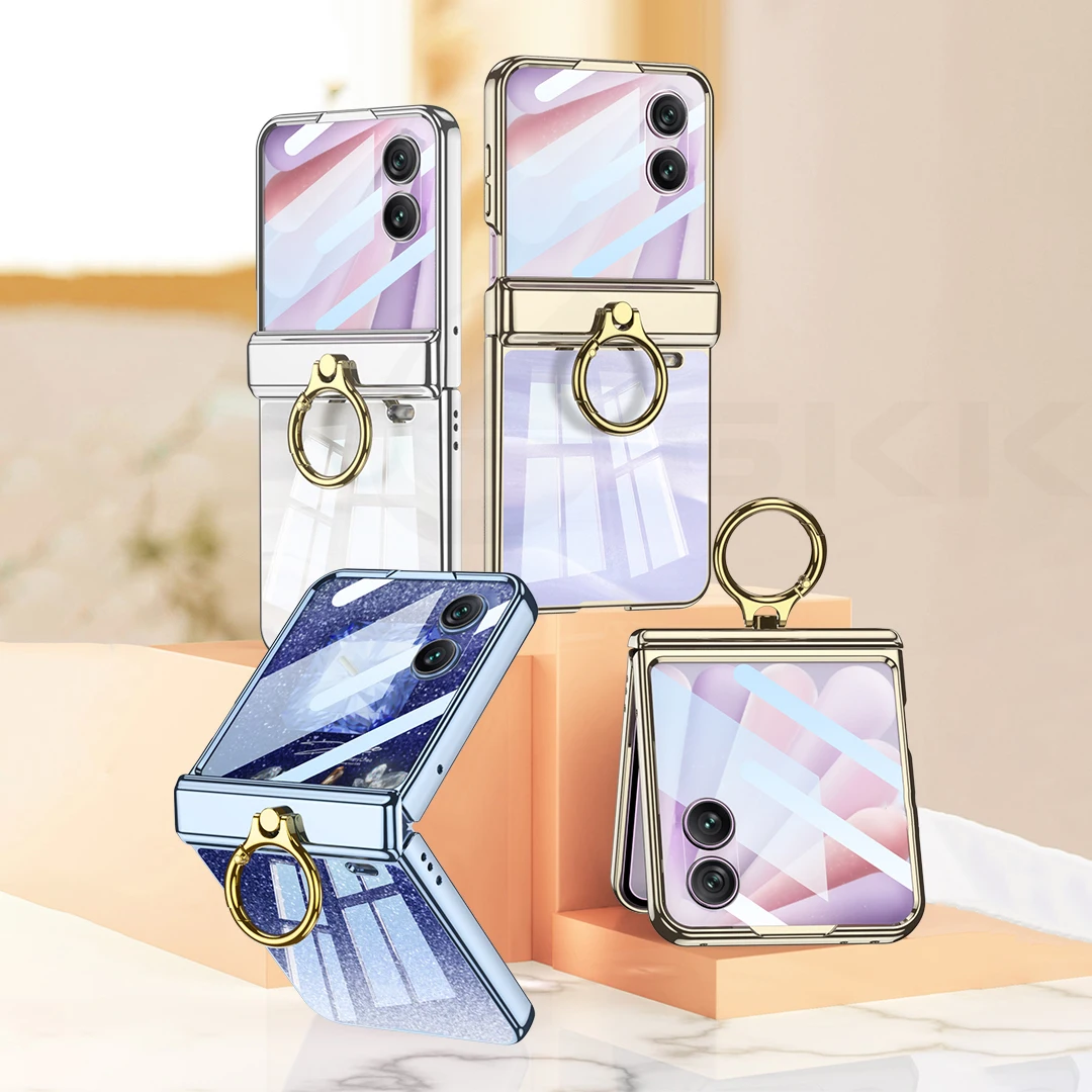 

For Honor Magic V Flip 2 Magnetic Hinge Plating Clear Case Outer Screen Glass Ring Holder Plastic Cover