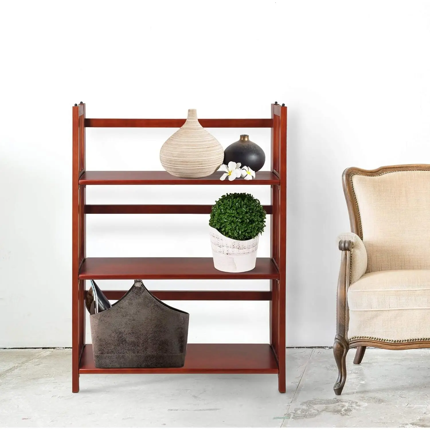 3-Shelf Stackable Folding Wood Bookcase, Office & Home Storage, Sturdy Wooden Shelving, Mahogany/27.5