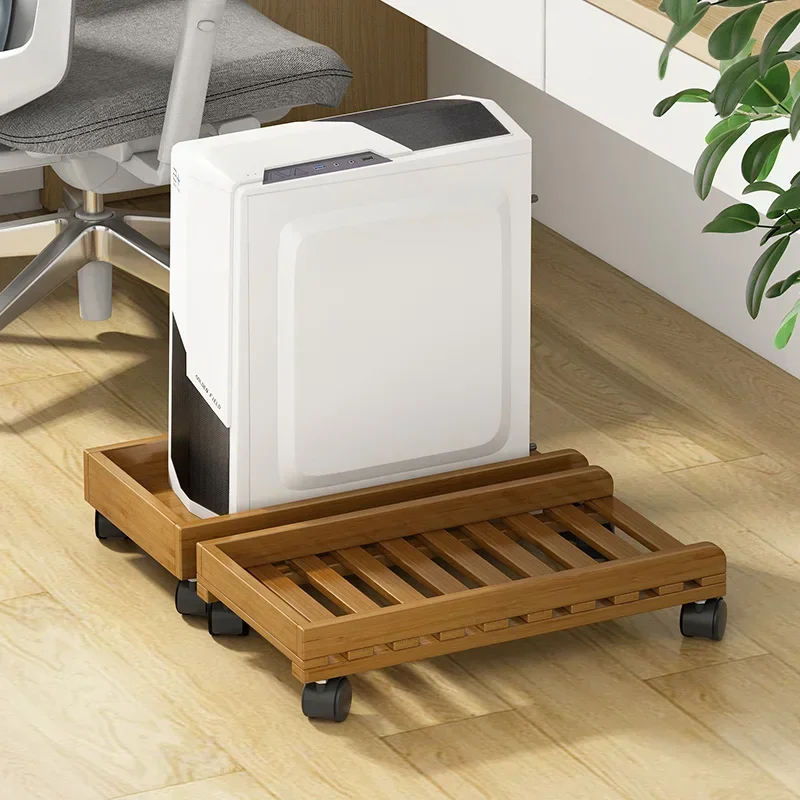 Bamboo Desktop Computer Host Bracket, Removable Pulley Tray, Simple Wooden Table on Wheels, Mobile Office Organizer