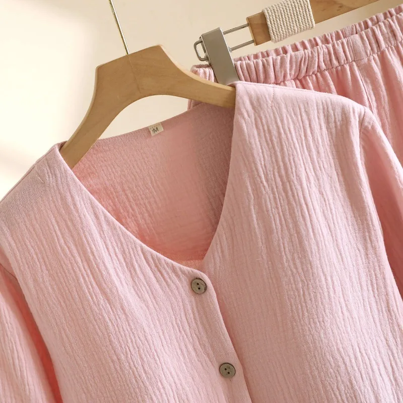 2026 New Spring And Autumn Women's Pajama Set 100% Cotton Crepe V-neck Solid Color With Chest Mat Long Sleeve Two Piece Set