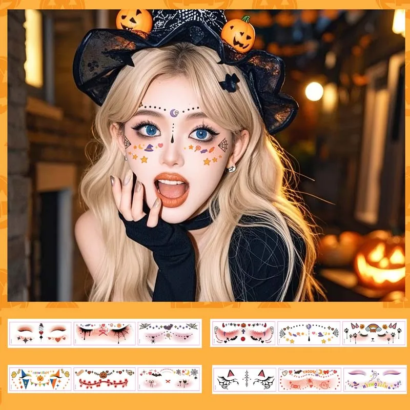 12Pcs/ Set Halloween Face Temporary Tattoo Stickers Eye Makeup Decals Pumpkin Witch Pattern Tattoos for Cosplay Party Makeup