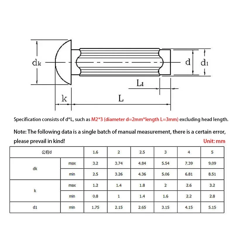 10/20/30/50pcs M1.6 M2 M2.5 M3~M5 304 Stainless Steel Button Round Head Knurled Shank Solid Rivet Self Plugging Length:3mm~20mm