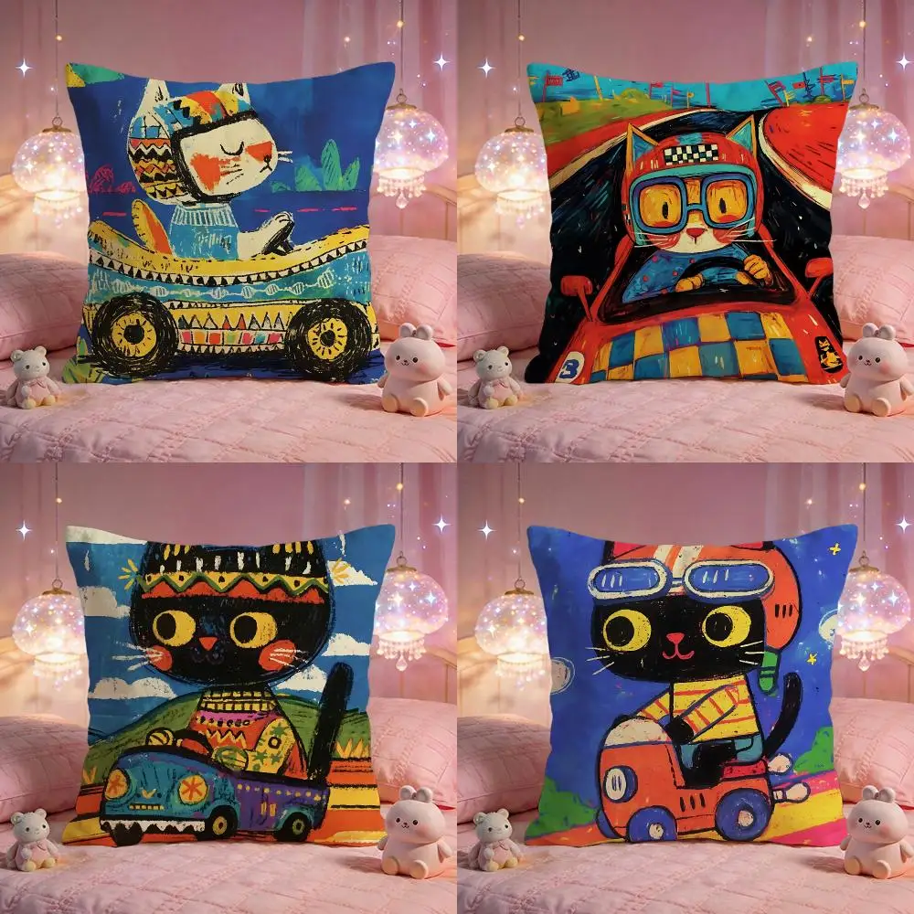 Lovely Driving Cat Cushion Cover Premium Comfort Reversible Pillow Cove -Two in One Design for Any Room & Car Interior