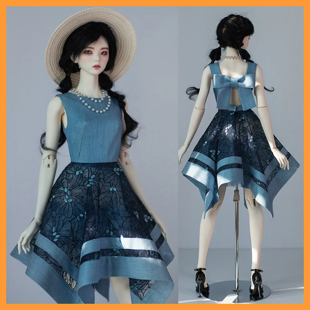 Custom-made 1/3 BJD Dolls High-quality Denim Splicing Lace Sleeveless Dress Big Bow Backless Formal Attire for Big Female Uncle