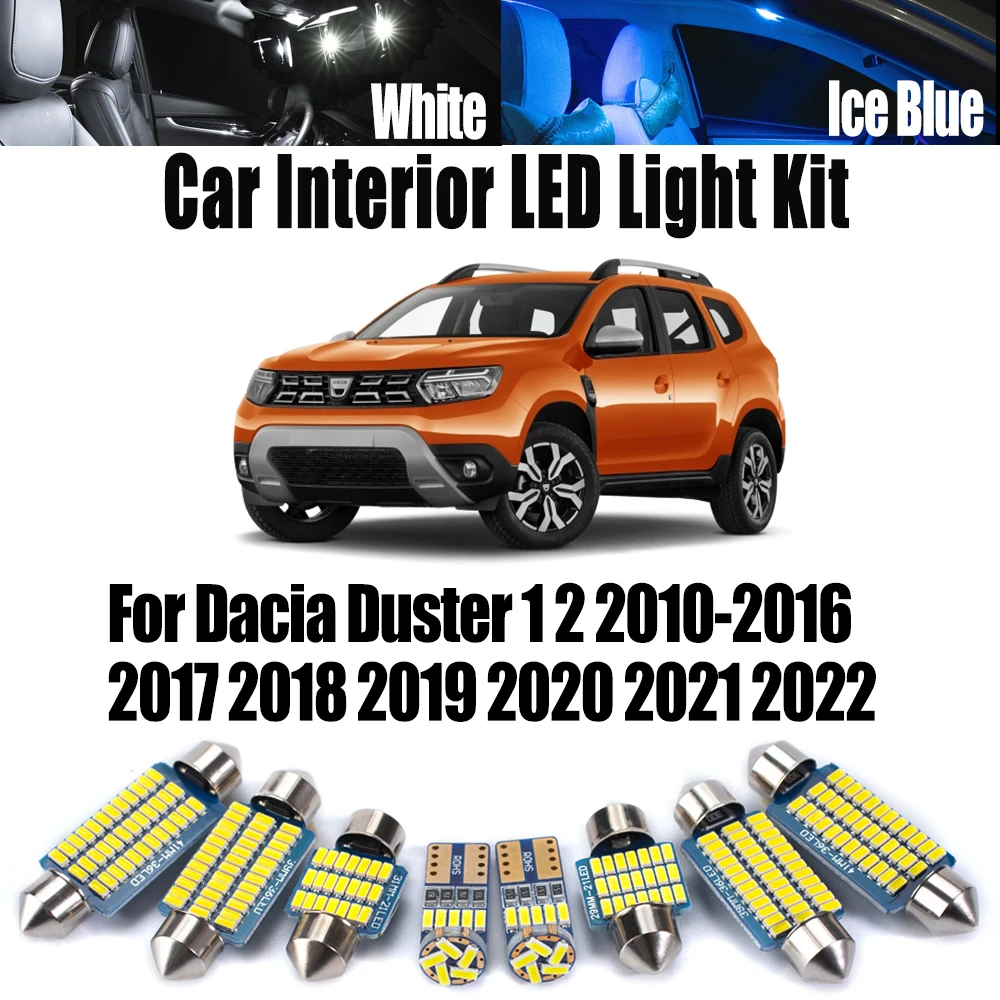 

Для Dacia Duster 1 2 2010- 2017 2018 2019 2020 2021 2022 Потолочные лампы Автомобильные аксессуары Canbus Светодиодный комплект внутреннего купольного освещения с картой
