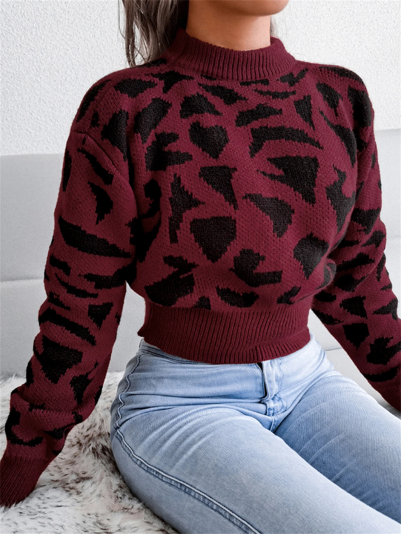 Autumn Winter Round Neck Fashion Leopard Pattern Waist Collection Short Knitted Pullover For Women Sweater Long Sleeve Top