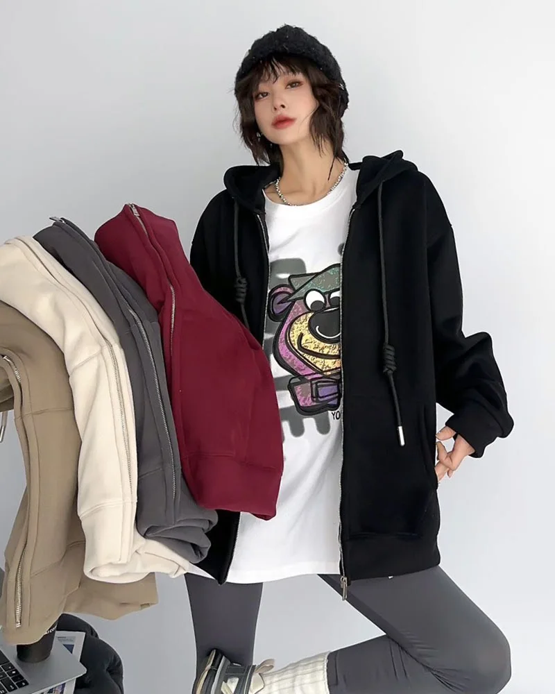 

2023 Winter Large Plush Thick Coat Women's Loose Casual Solid Color Warm Zipper Cardigan Hooded Sweater Women's