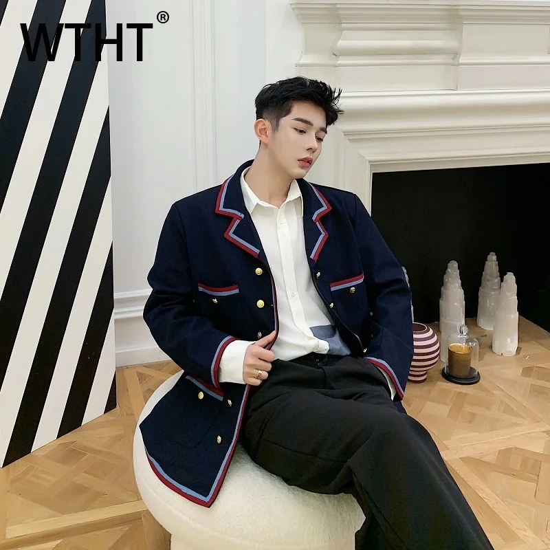 

WTHT модные мужские полосатые пальто с карманами контрастного цвета, модные куртки с длинными рукавами и отложным воротником, мужские куртки, осень 2023, 2A1977
