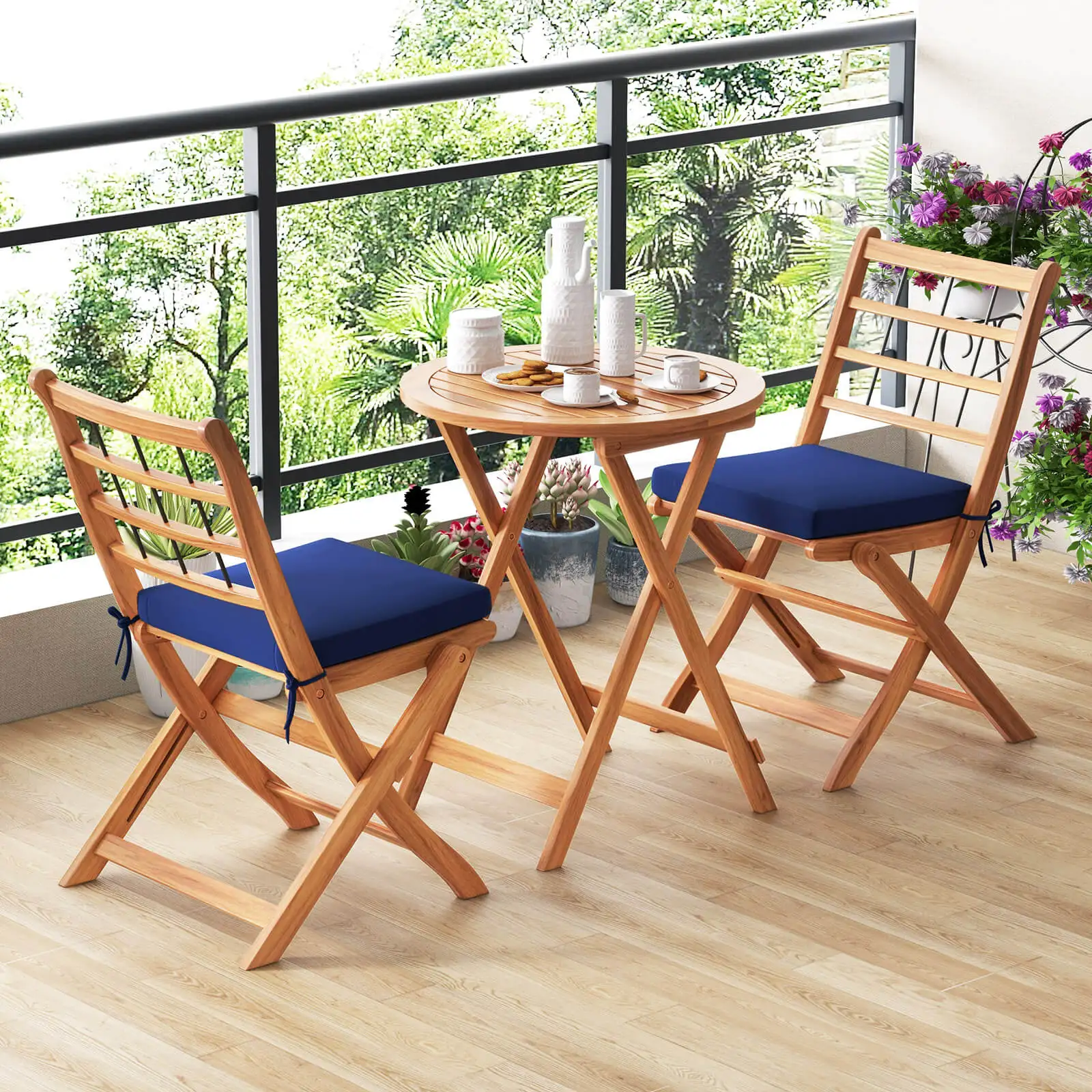 

3 PCS Acacia Wood Patio Bistro Set Folding Outdoor Table and Chairs with Cushions Navy