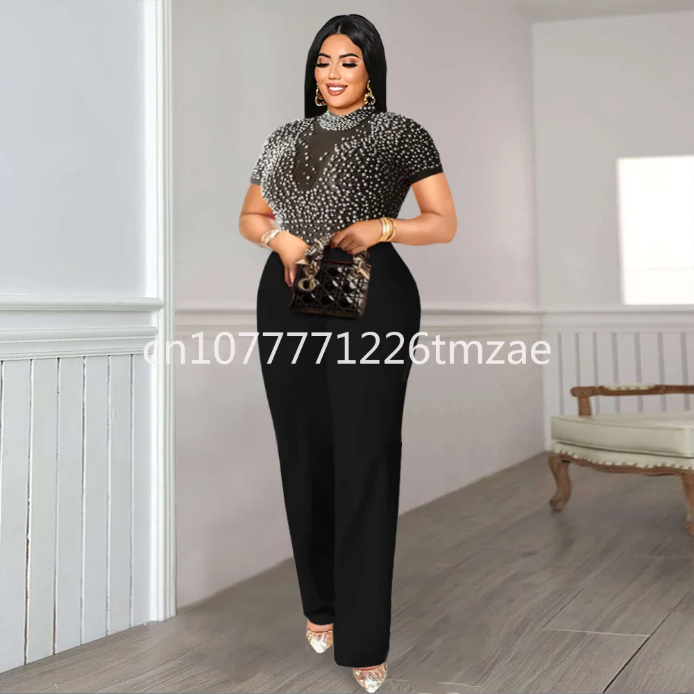 Combinaison en tulle patchwork pour femme, pantalon large, grande taille, perlé, élégant, été, automne, 2024