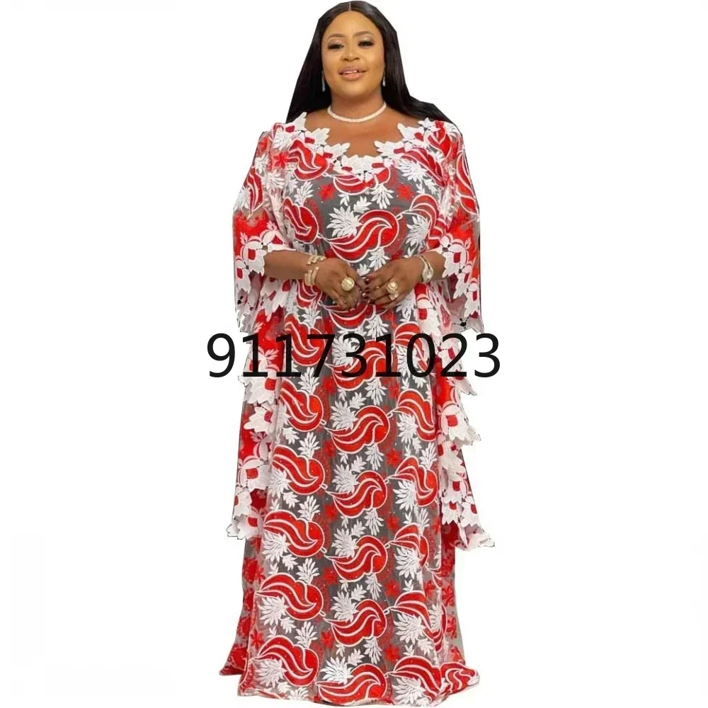 New African Dashiki Fashion Loose Embroidery Long Dress African Maxi Dress For Women African Clothes Elegant Lace Dresses