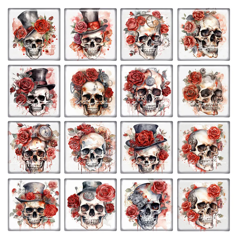 10pcs/lots Halloween Steampunk SKull Head Flower Square Photo Glass Cabochon Charms Demo Flat Back Cameo Diy Jewelry Making