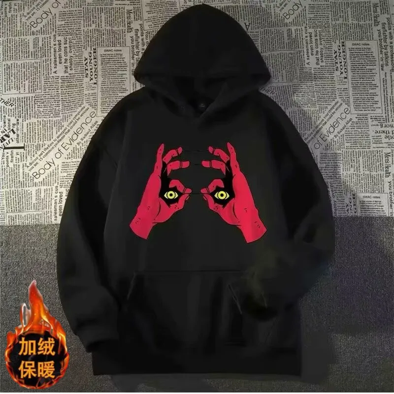 

Fashion Mens Oversized Halloween Devil Hand Print Black Hoodies Y2K Techwear Autumn New Men Hooded Tracksuit Plus Flannel Hoodie