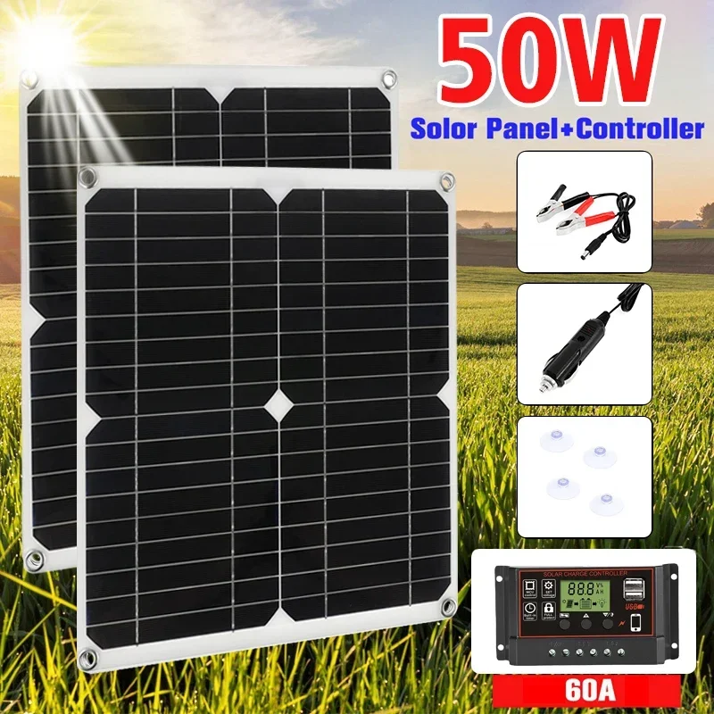 50W Solar Panel Kit Complete 60A Controller USB Power Portable Outdoor Rechargeable Solar Cell Solar Generator for Home