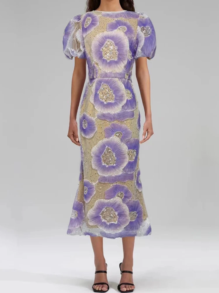 Printemps et été 2025 femmes nouvelle bulle manches patch fleur perlée brodée robe à paillettes mince robe de dîner de célébrité