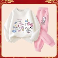 Spring Autumn Girl's Fashion Clothes Sets Kids Cartoon Hello Kitty Print Sweater Pullover Tops & Pants 2Pcs Outfit Tracksuit